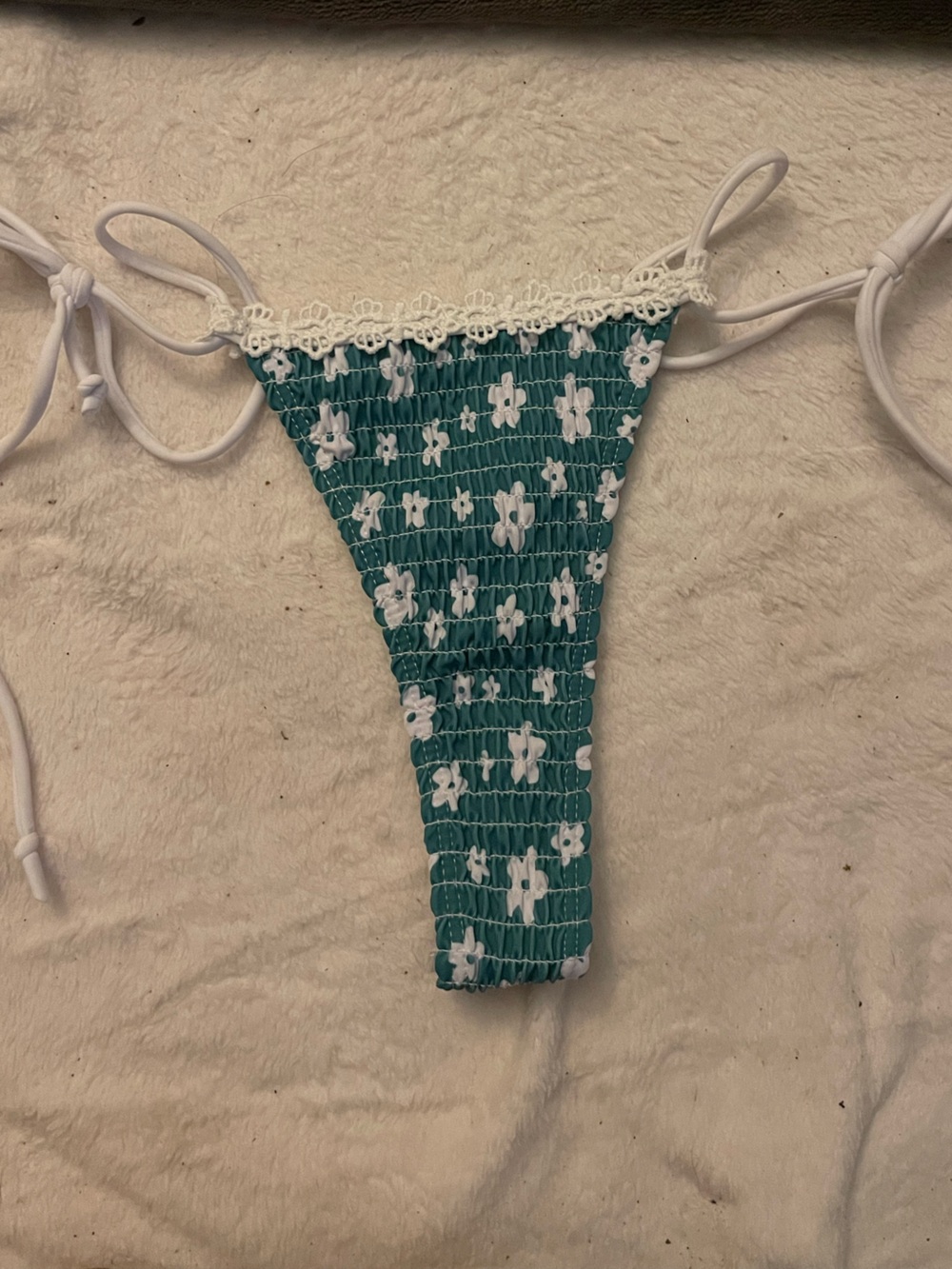 SHEIN green Floral Smocked Tie-Side Bikini Bottom with White Trim